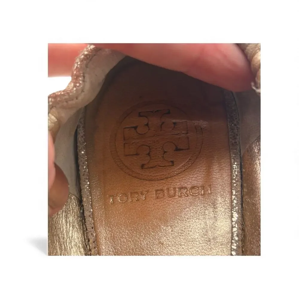 Tory Burch Minnie Travel‎ Metallic Gold Sz 7 Shimmer Medallion Flats w/ COA